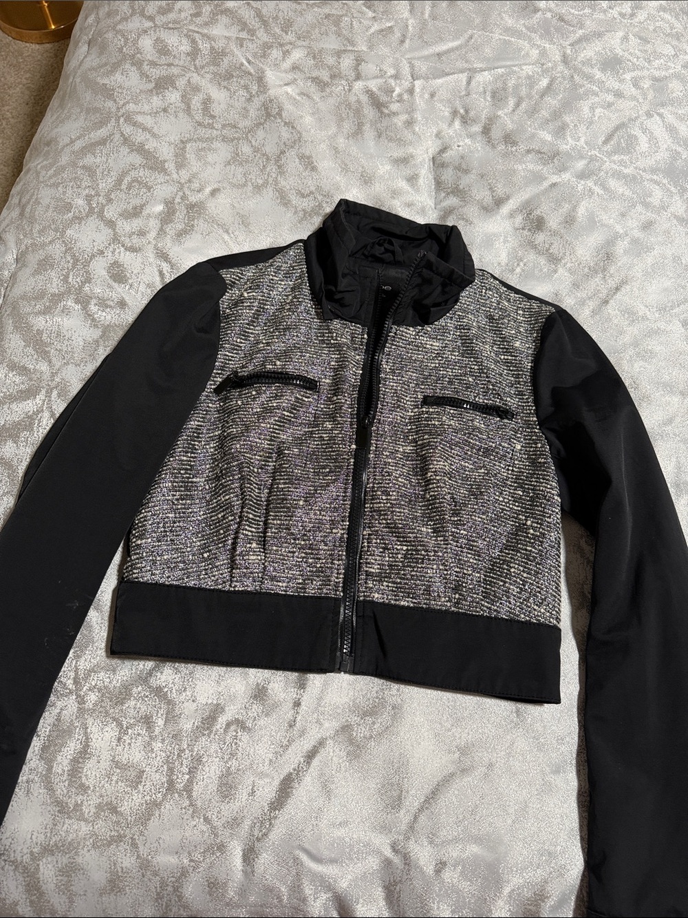 bebe Black and Gray Tweed-Front Cropped Jacket